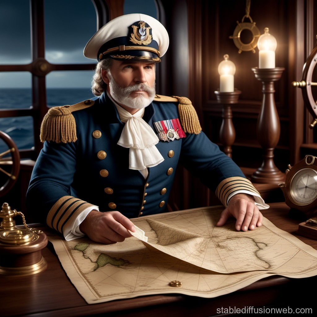 Nautical Captain Examining Vintage Map in Ship Cabin