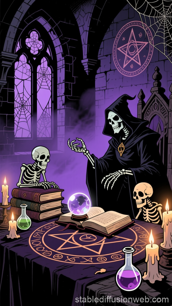 Necromancer Teaching Skeletons in a Dark Lair