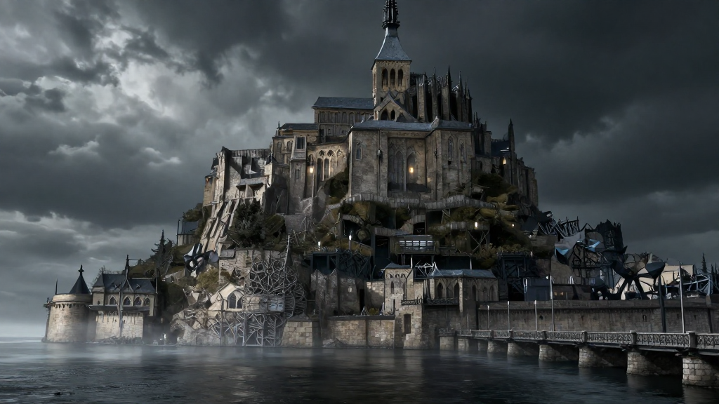 Neo Gothic Fortress by a Misty Lake Under Stormy Skies