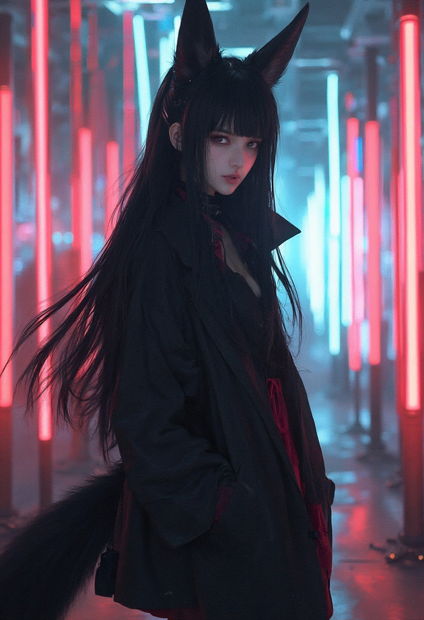 Neo Photorealistic Portrait of a Dark Fox Girl in Neon Lights