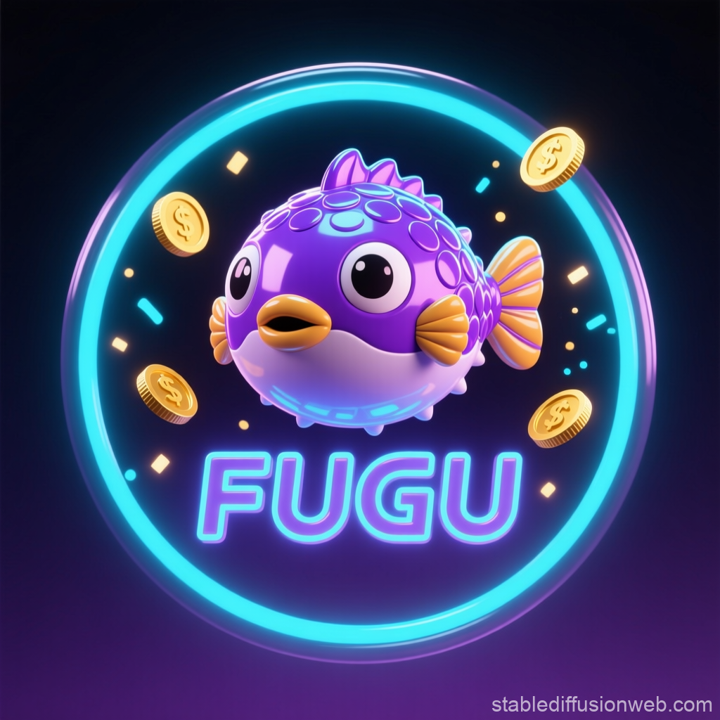 Neon 3D Purple Pufferfish with Coins and FUGU Text