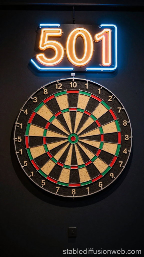 Neon 501 Sign Above Classic Dartboard in Bar