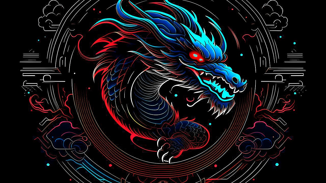 Neon Blue and Red Dragon in Dark Aesthetic Style