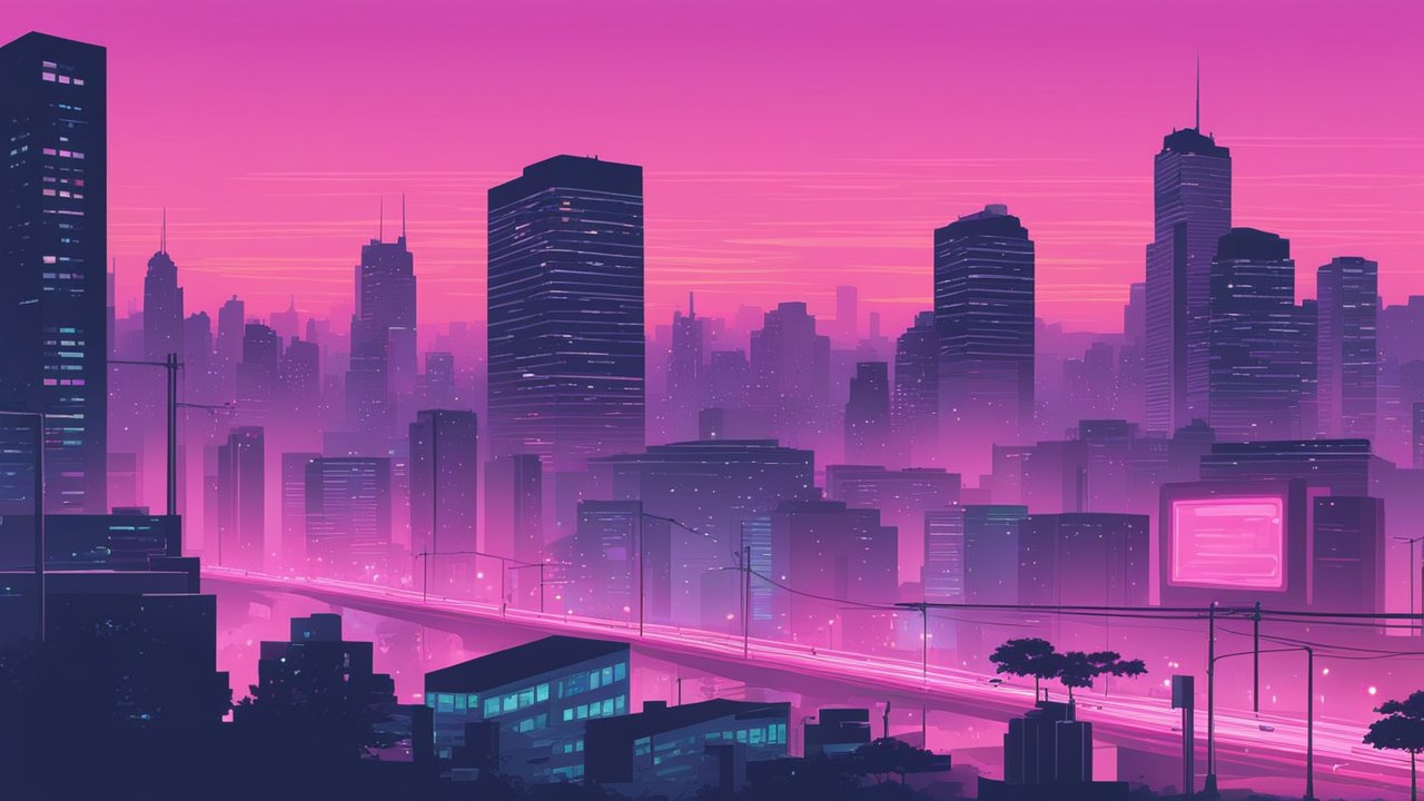 Neon Cityscape at Twilight with Pink and Purple Hues