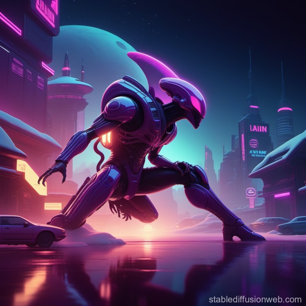Neon Cybernetic Alien in Futuristic Cityscape
