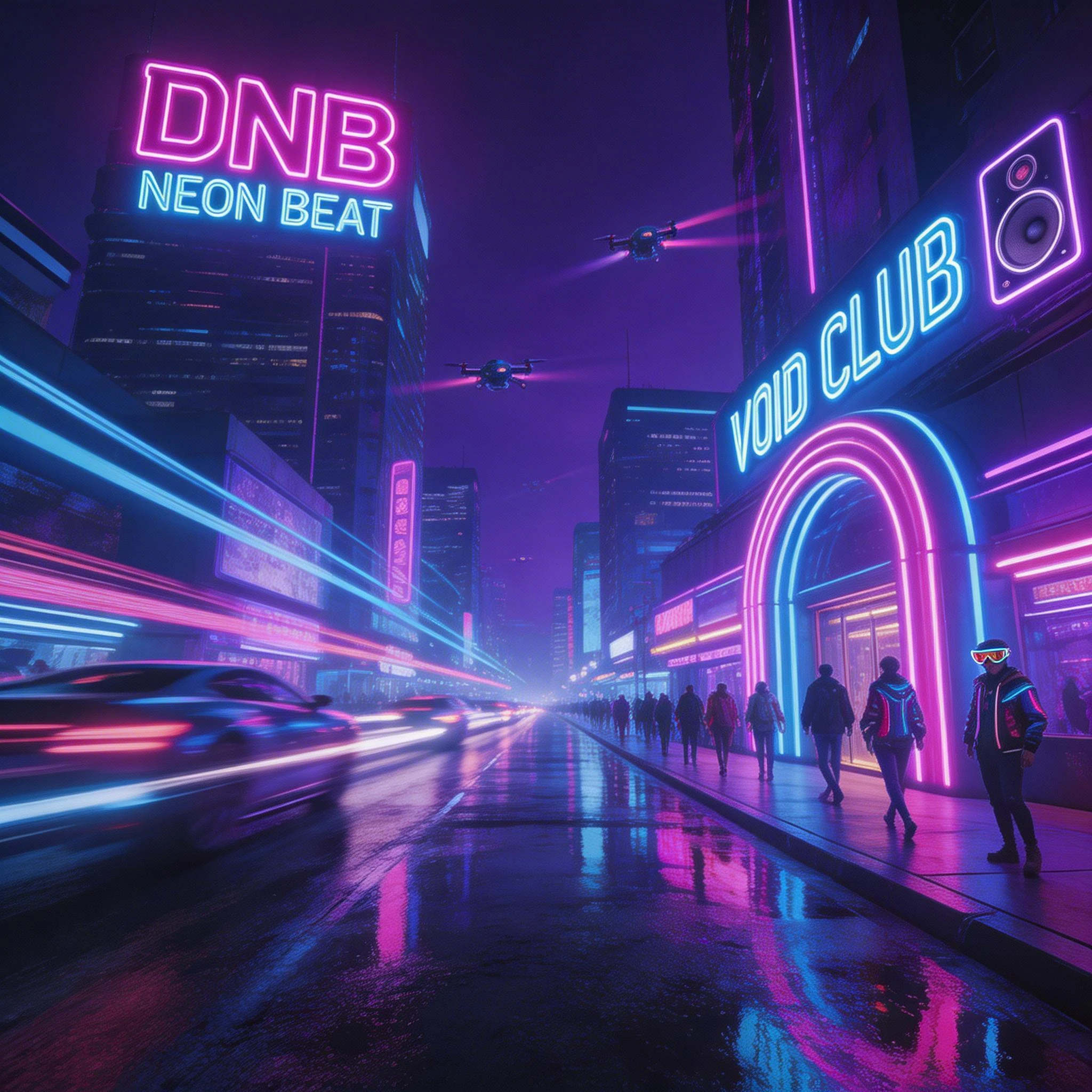 Neon Cyberpunk City Street with DNB and Void Club Signs