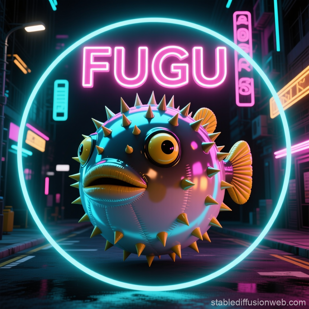 Neon Cyberpunk Fugu Fish Avatar in Urban Night Scene