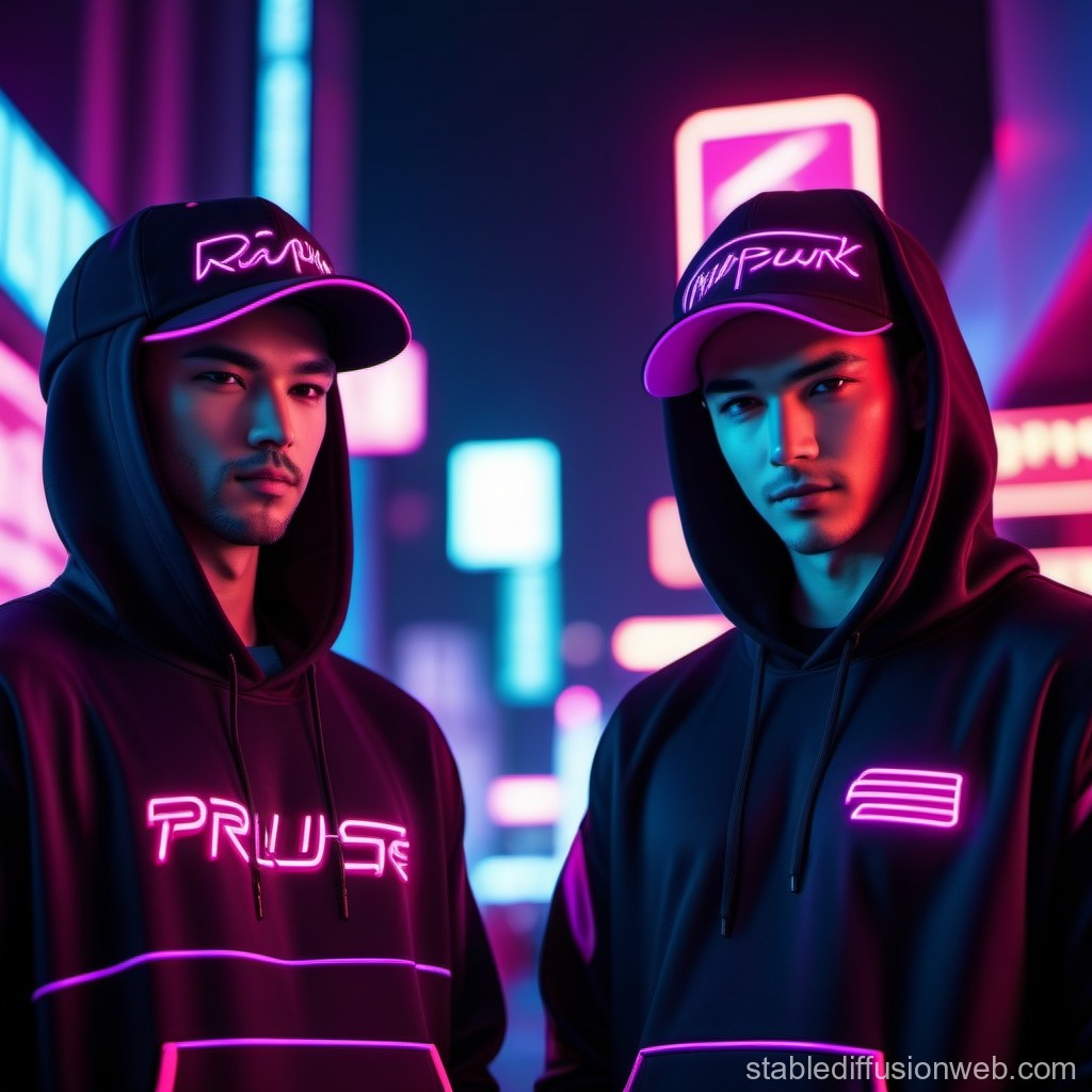 Neon Cyberpunk Style Portrait of Two Men in Hoodies