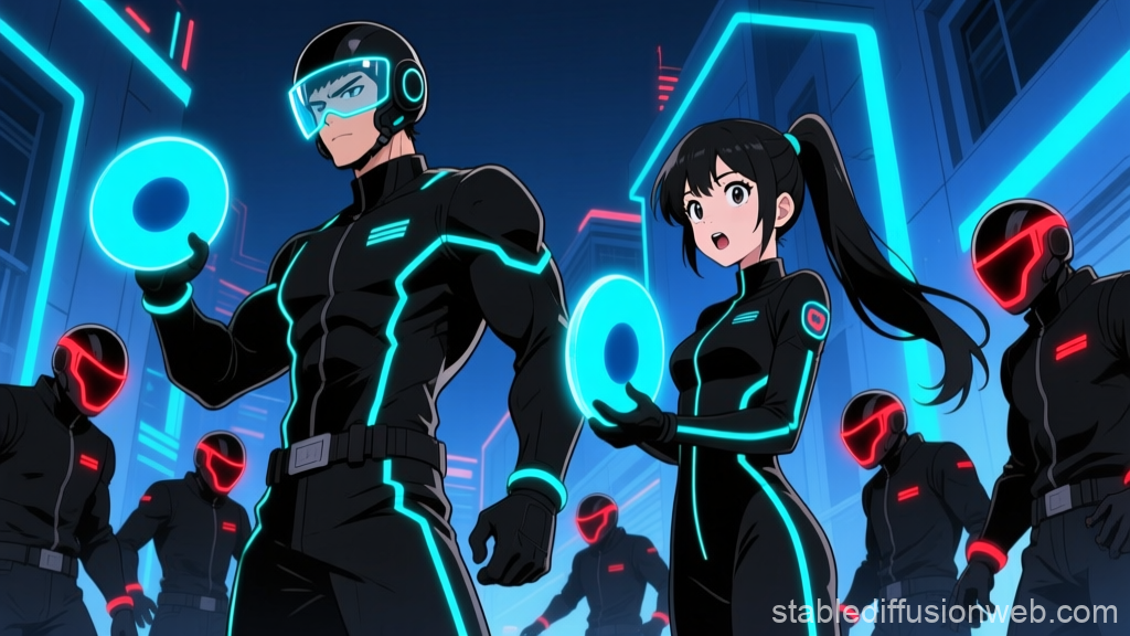 Neon Disc Throwers in Futuristic Cityscape