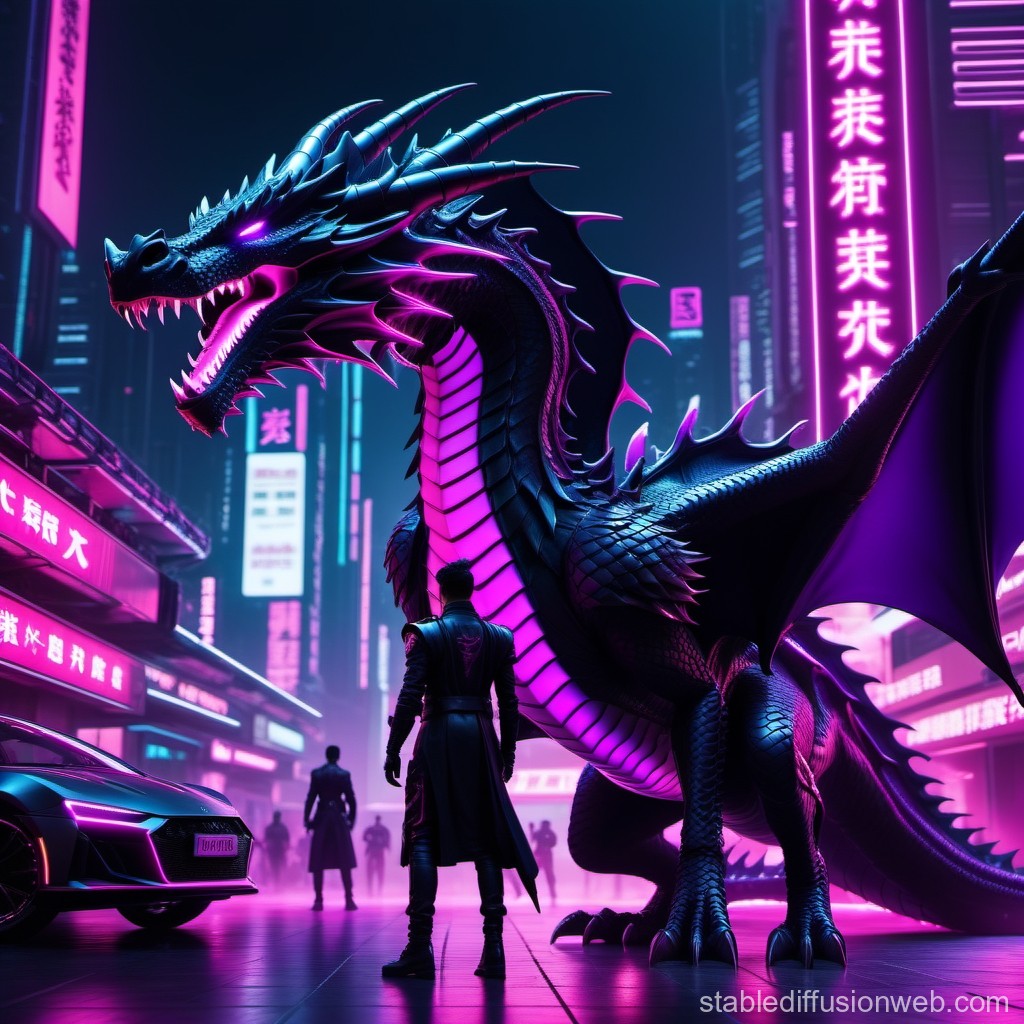 Neon Dragon in Cyberpunk Cityscape