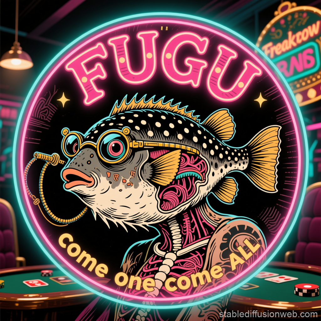 Neon Fugu Fish Tattoo with Anatomical Details