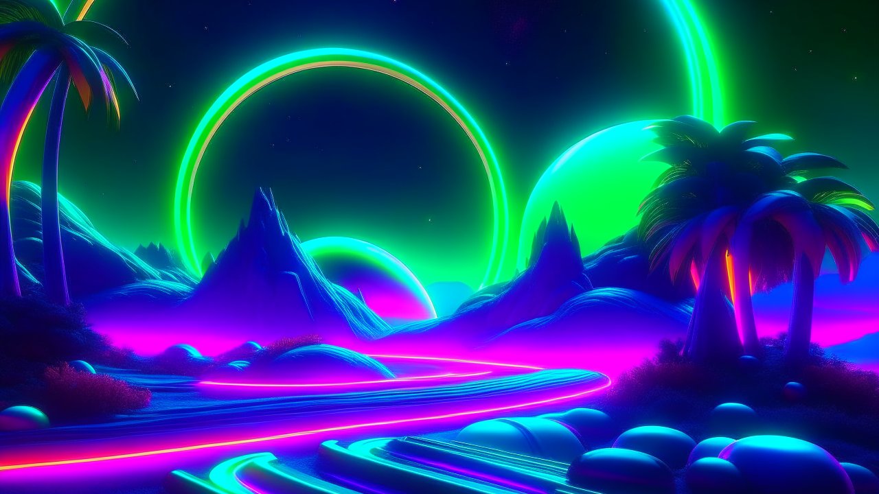 Neon Futuristic Landscape with Glowing Rings and Palm Trees