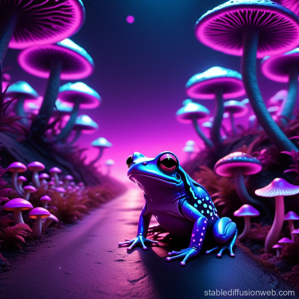Neon Glowing Frog Among Bioluminescent Mushrooms