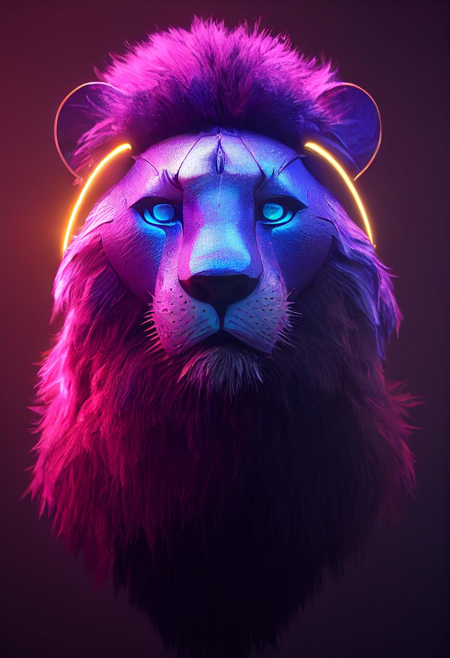 Neon Glowing Lion Portrait in Futuristic Style