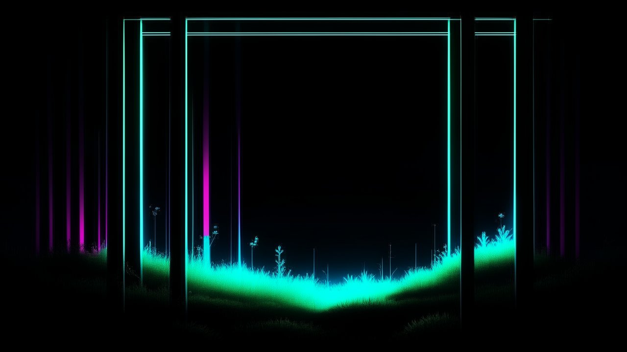 Neon Glowing Meadow at Night with Futuristic Frames