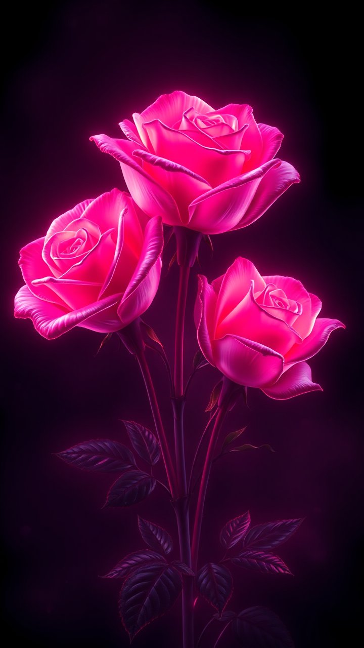 Neon Glowing Pink Roses Digital Painting