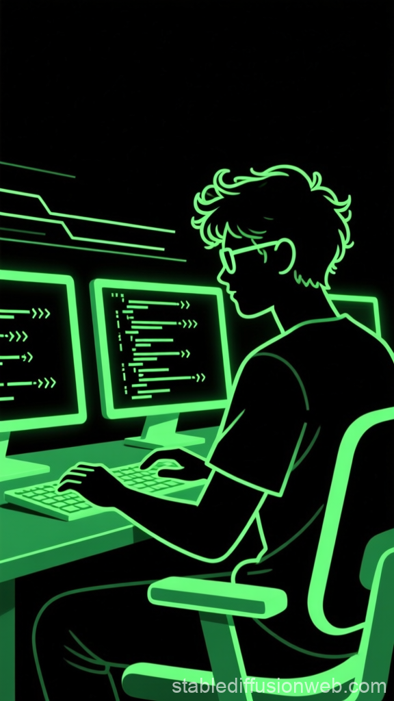 Neon Green Programmer Silhouette Coding at Dual Monitors