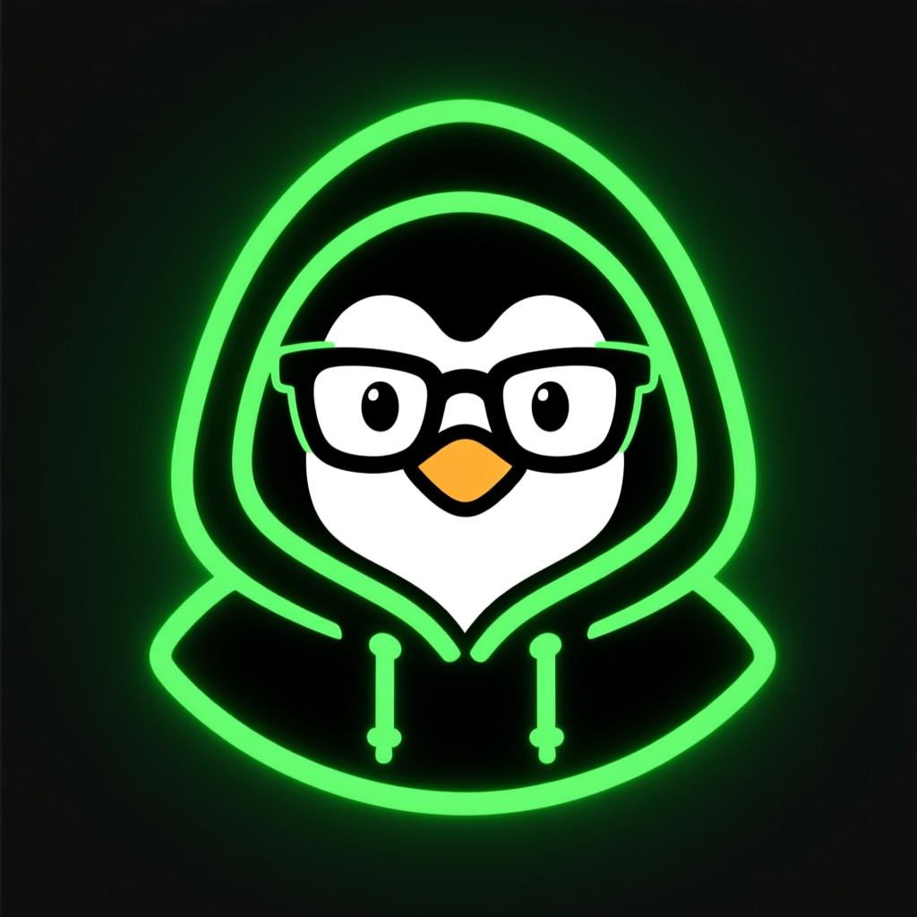 Neon Hacker Penguin with Glasses and Hoodie