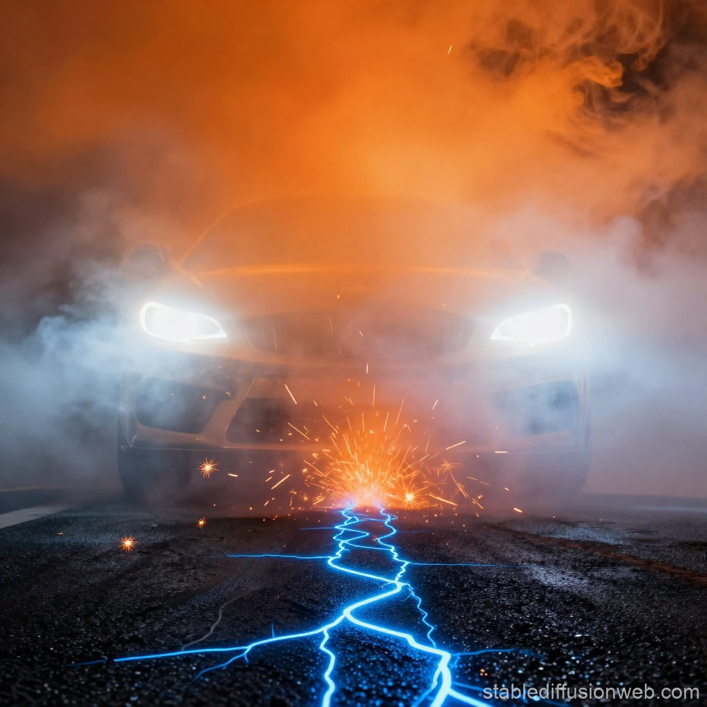 Neon Lightning Crack on Asphalt with Car Headlights in Smoke