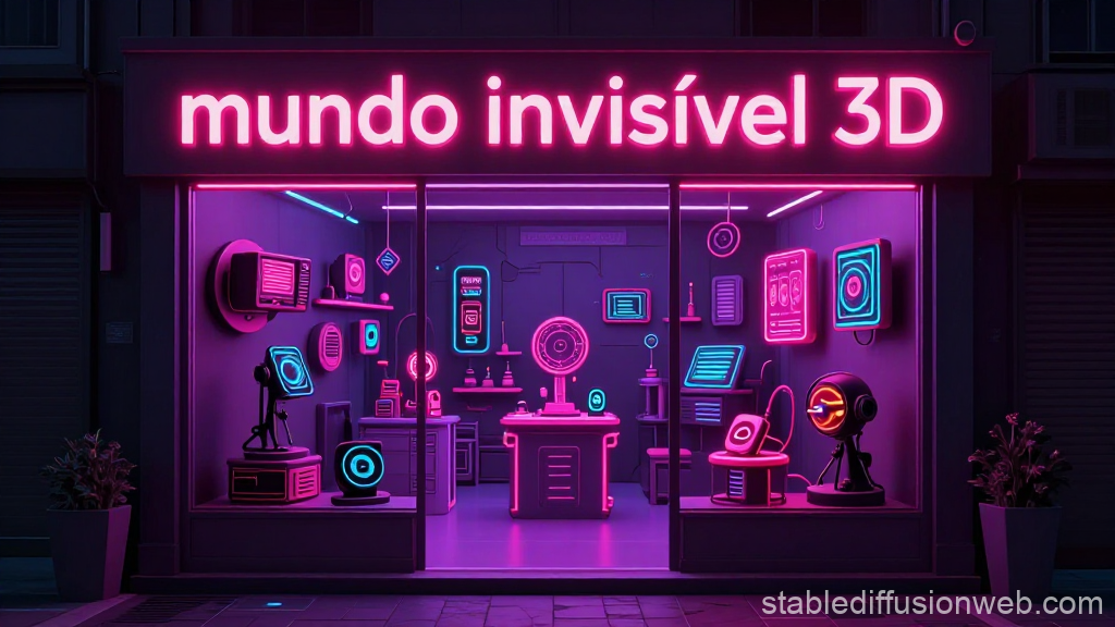 Neon-Lit 3D Tech Shop Exterior at Night