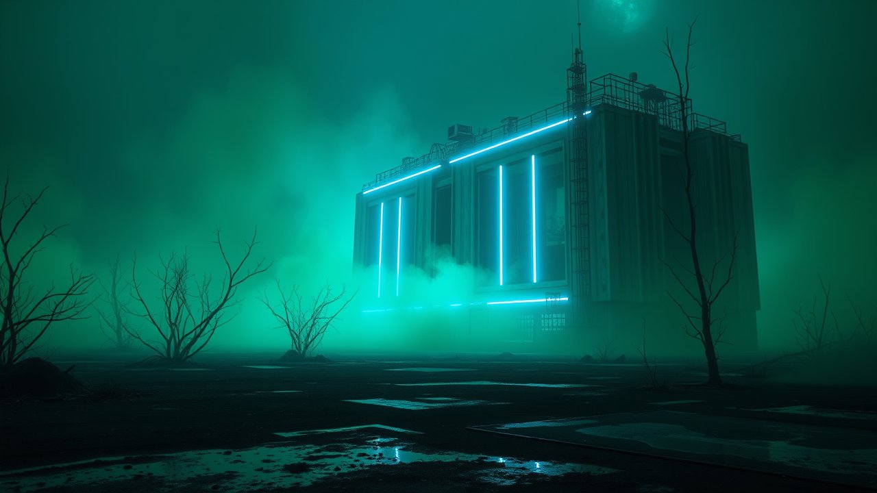Neon-lit Building in a Foggy Desolate Landscape