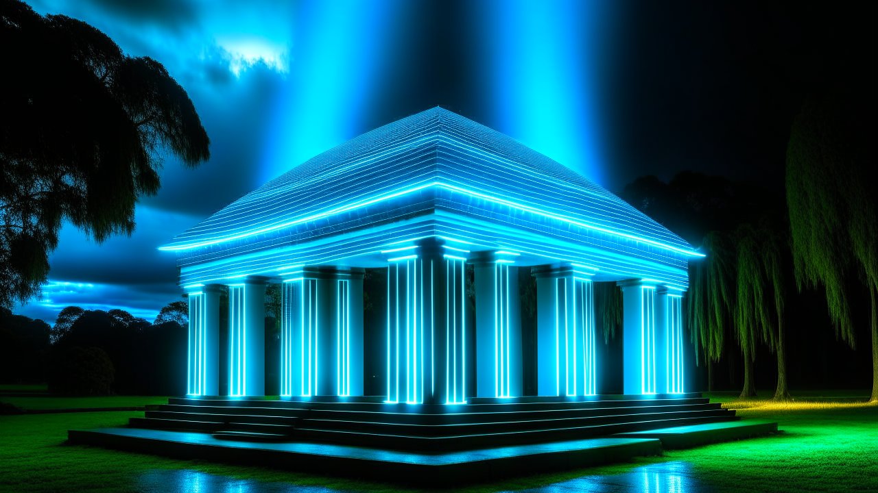 Neon-Lit Classical Temple at Night