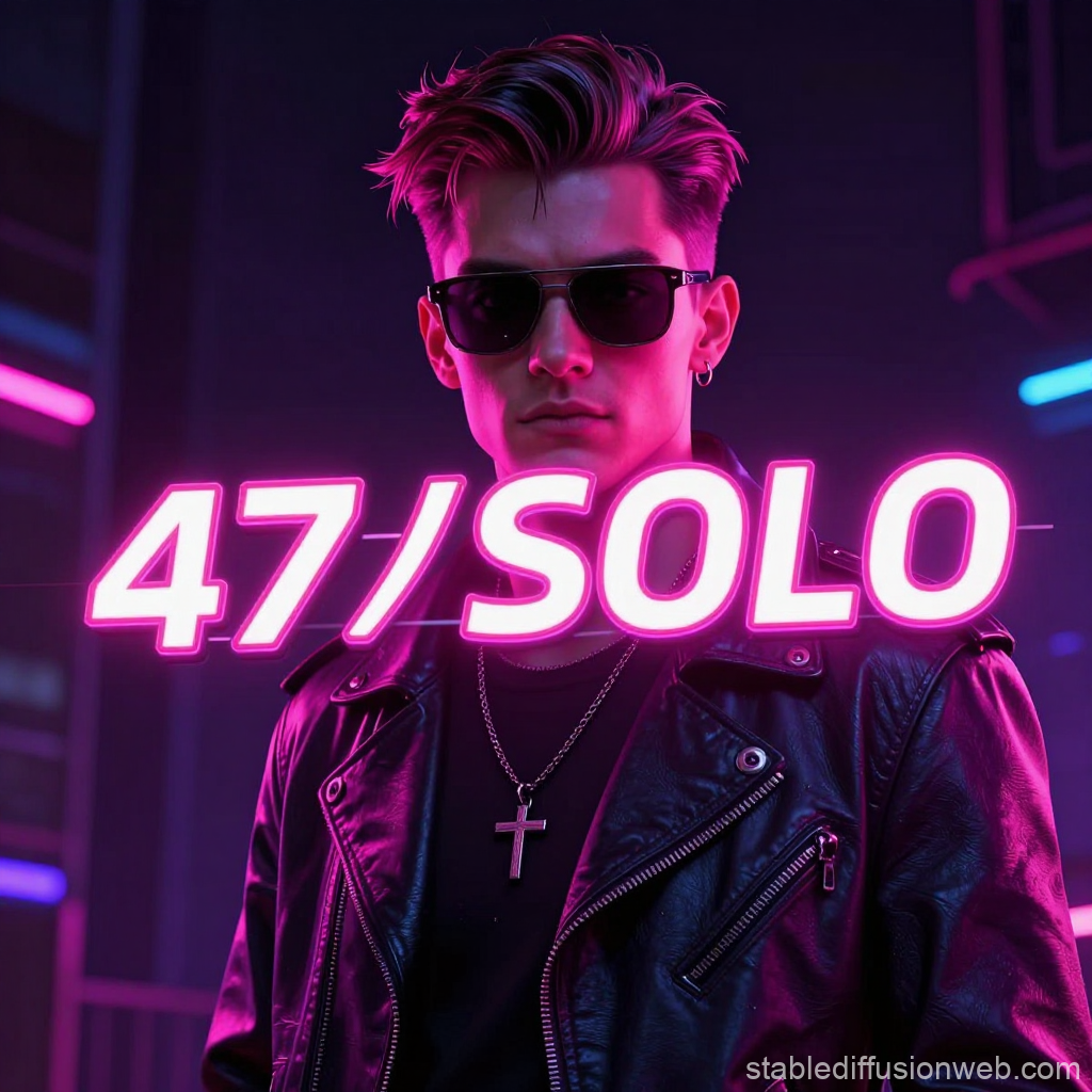Neon-Lit Cool Young Man in Leather Jacket with 47/SOLO Text