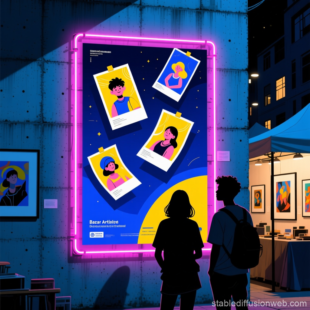 Neon-Lit Cultural Bazaar Poster with Illustrated Portraits