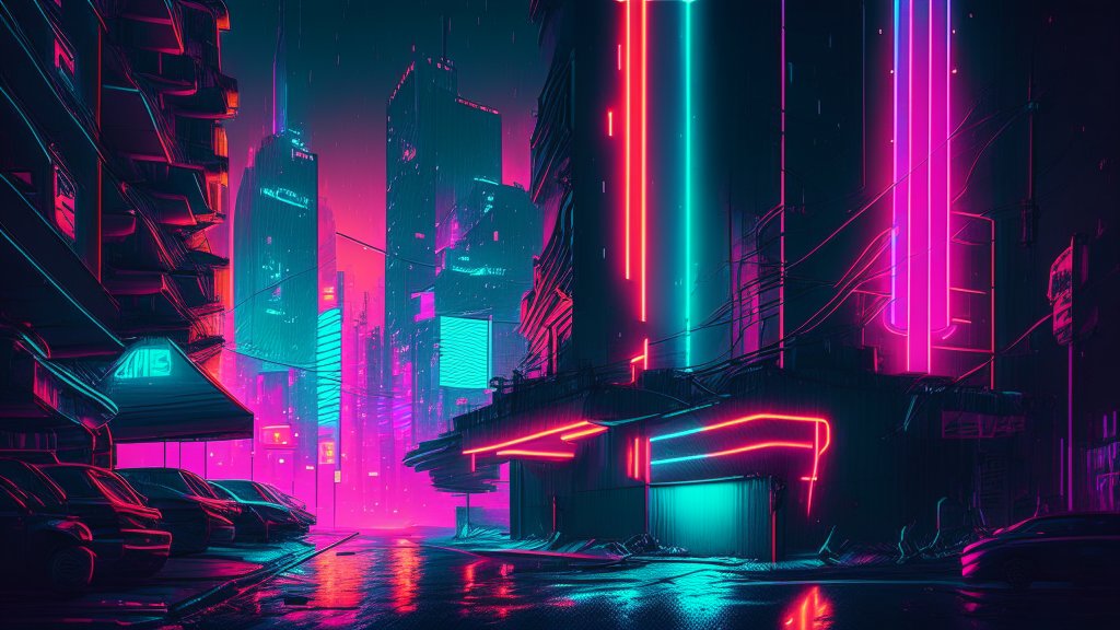 Neon-Lit Cyberpunk City Street at Night