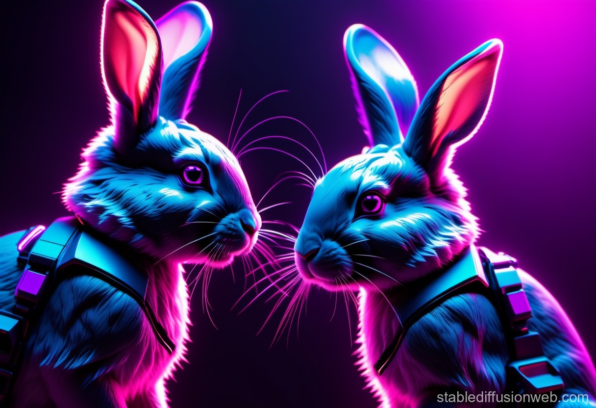 Neon-Lit Cyberpunk Rabbits Facing Each Other