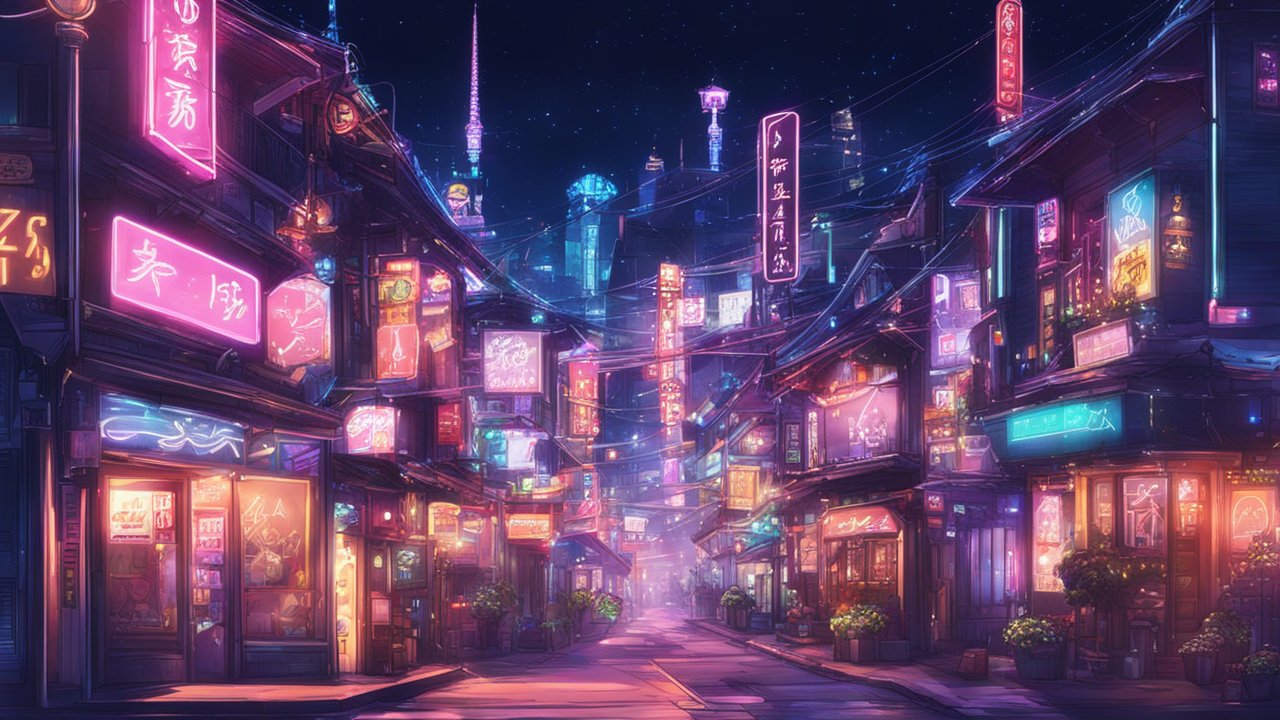 Neon-Lit Cyberpunk Street at Night