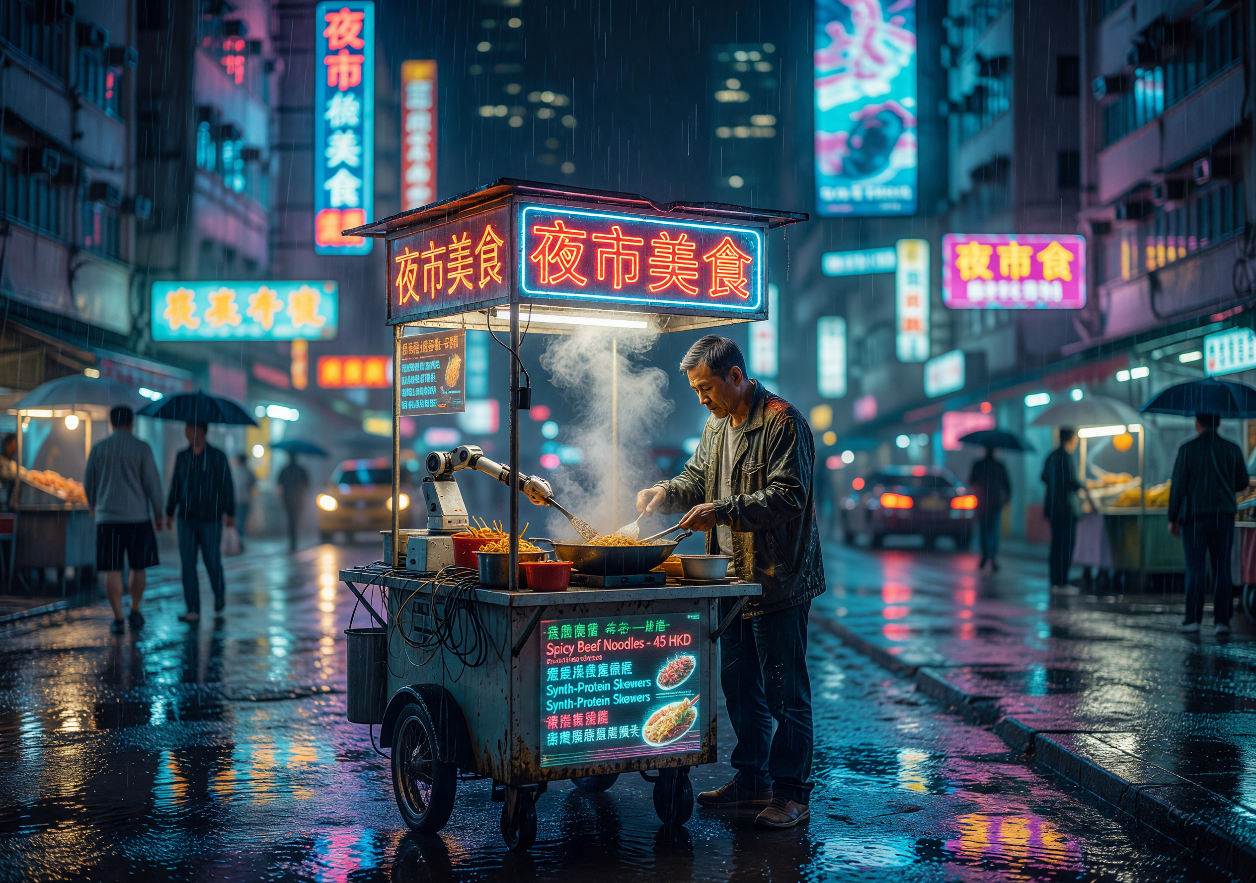 Neon-lit Cyberpunk Street Food Stall in Rainy Hong Kong
