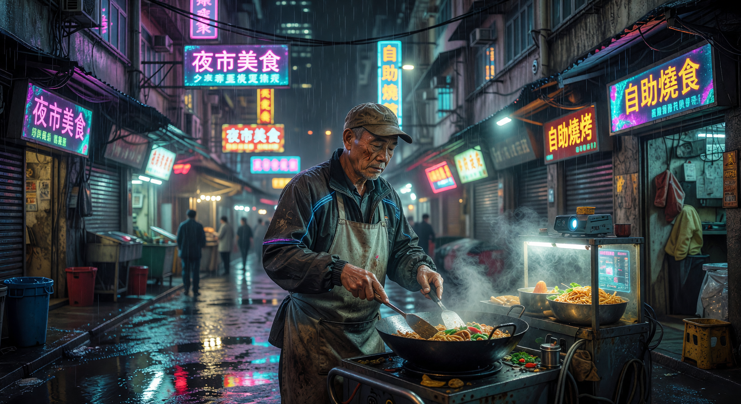 Neon-lit Cyberpunk Street Food Vendor in Rainy Night