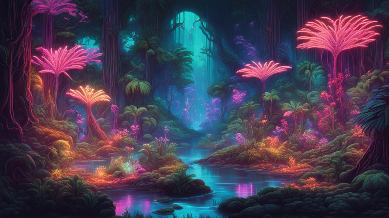Neon-Lit Enchanted Jungle with Glowing Flora