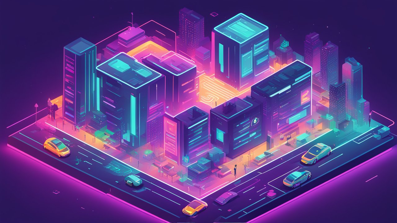 Neon-Lit Futuristic City Block at Night