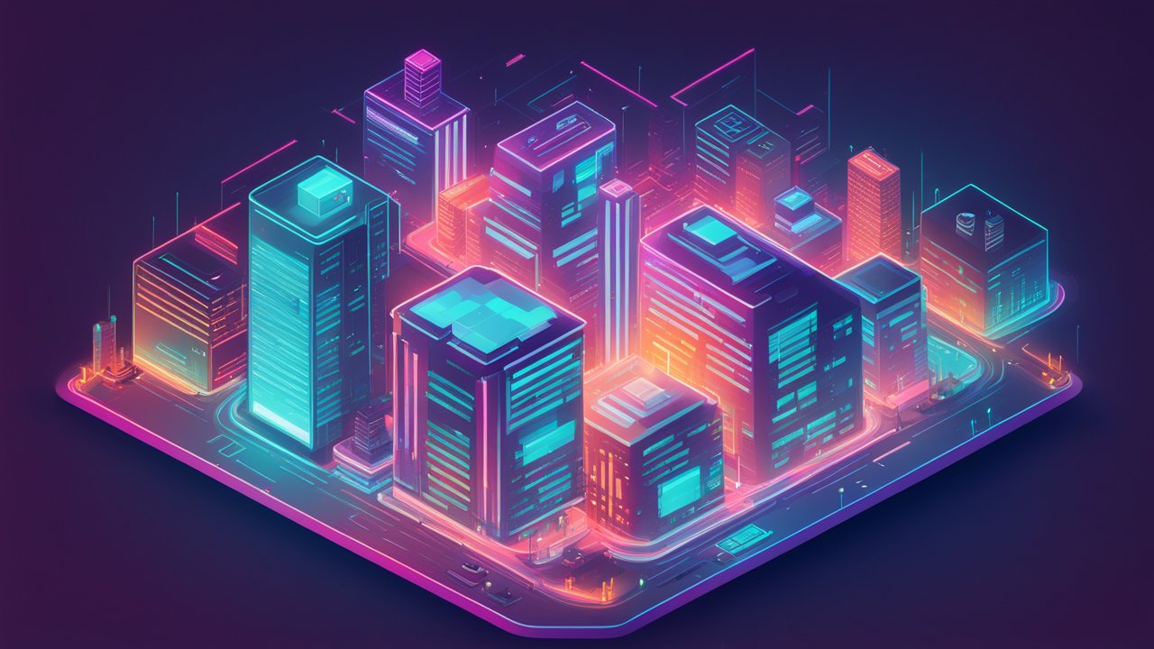 Neon-Lit Futuristic City Block in Isometric View
