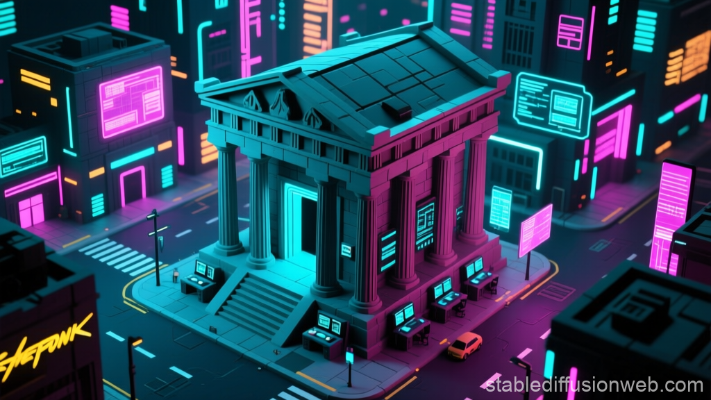 Neon-Lit Greek Temple in Cyberpunk Cityscape
