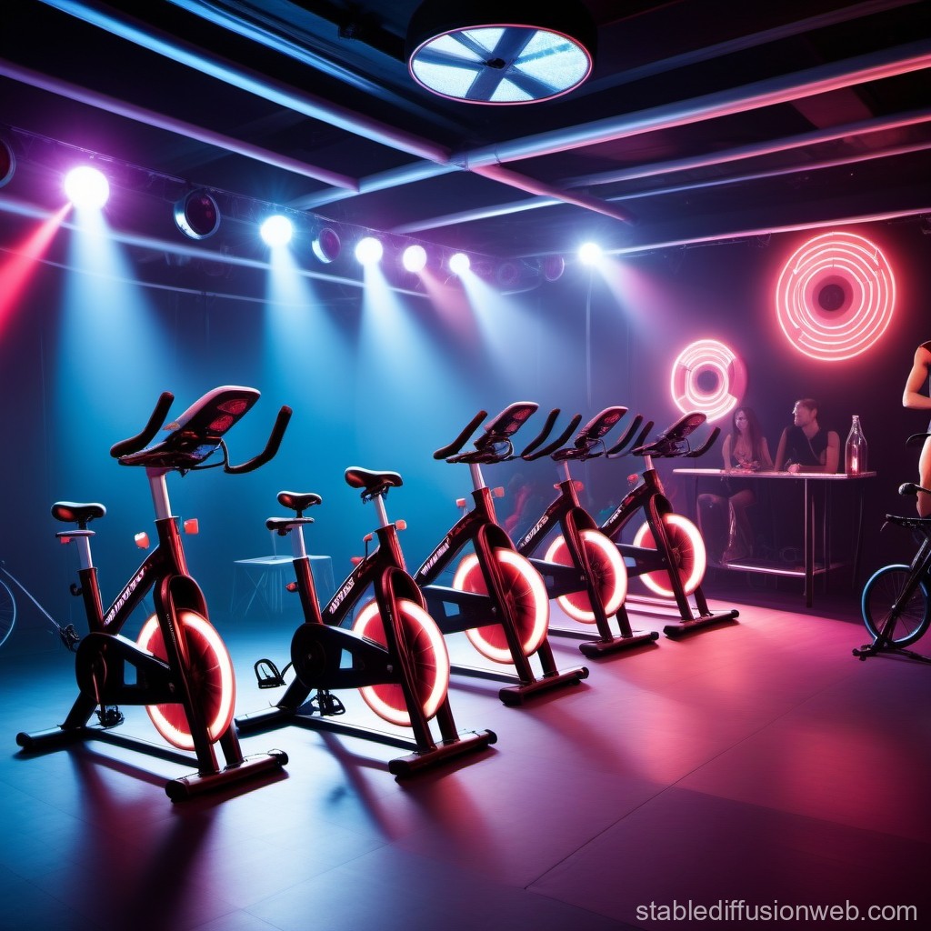 Neon-Lit Indoor Cycling Studio with Modern Exercise Bikes