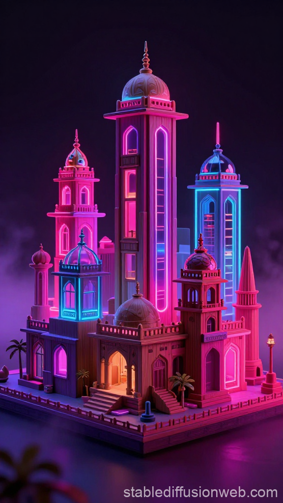 Neon-Lit Miniature Indian City Model