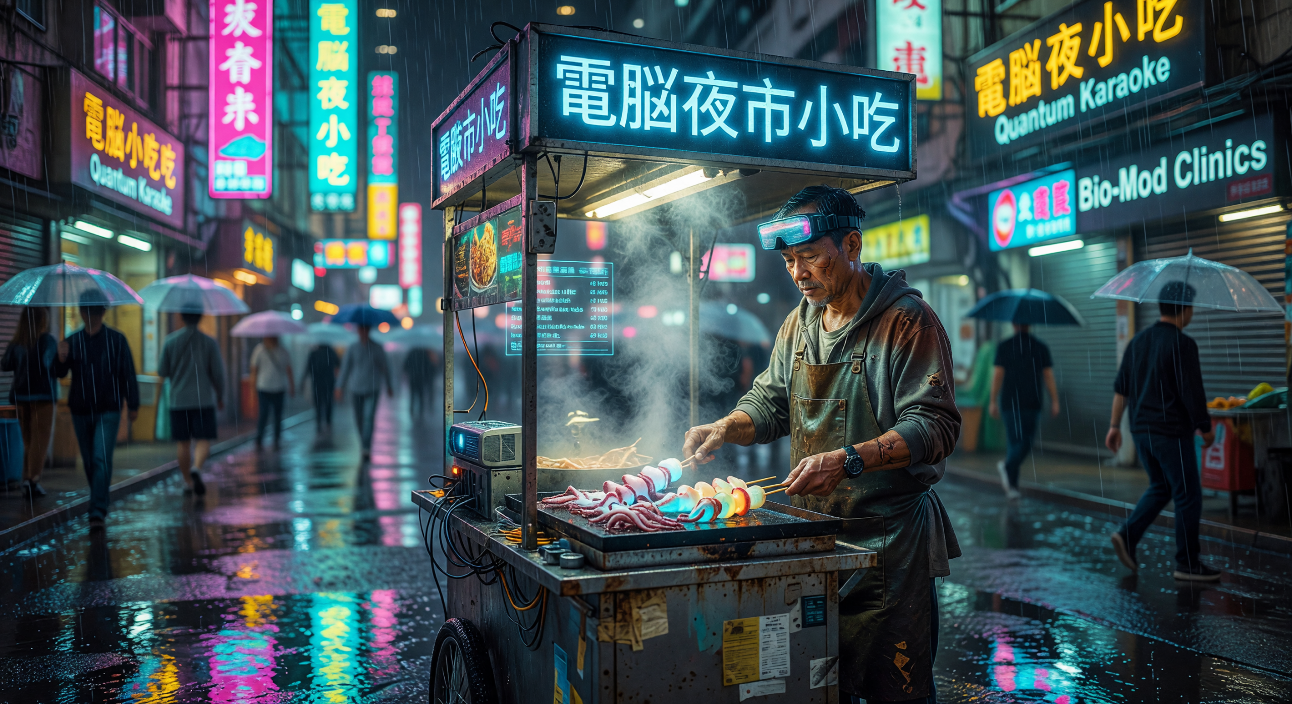 Neon-lit Night Market Street Food Vendor in Cyberpunk City