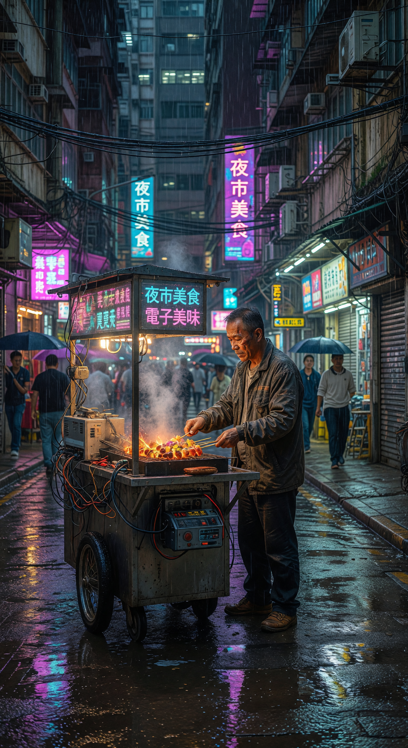 Neon-lit Night Market Street Food Vendor in Rain