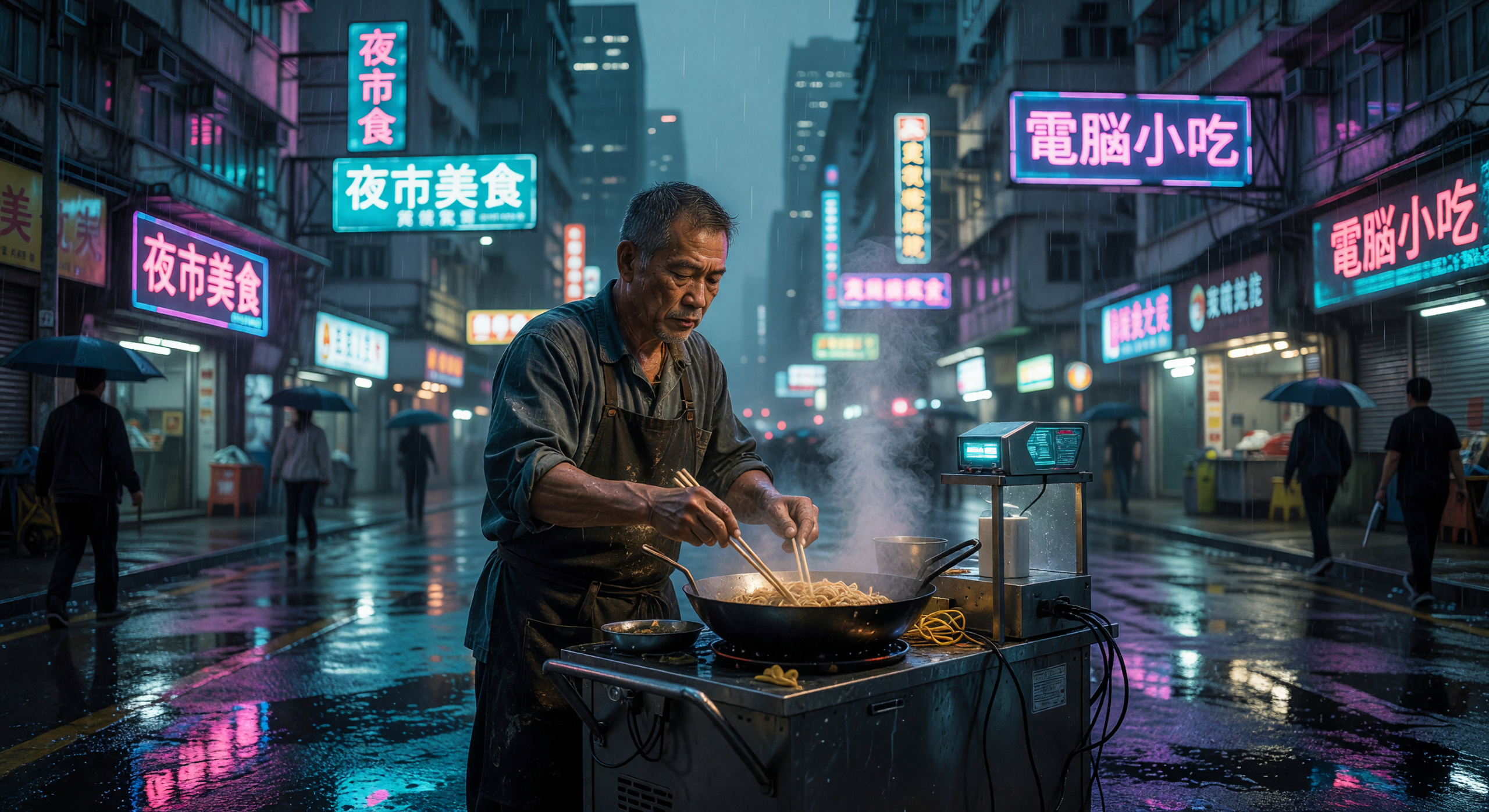 Neon-lit Night Market Street with Wok Chef Cooking in the Rain
