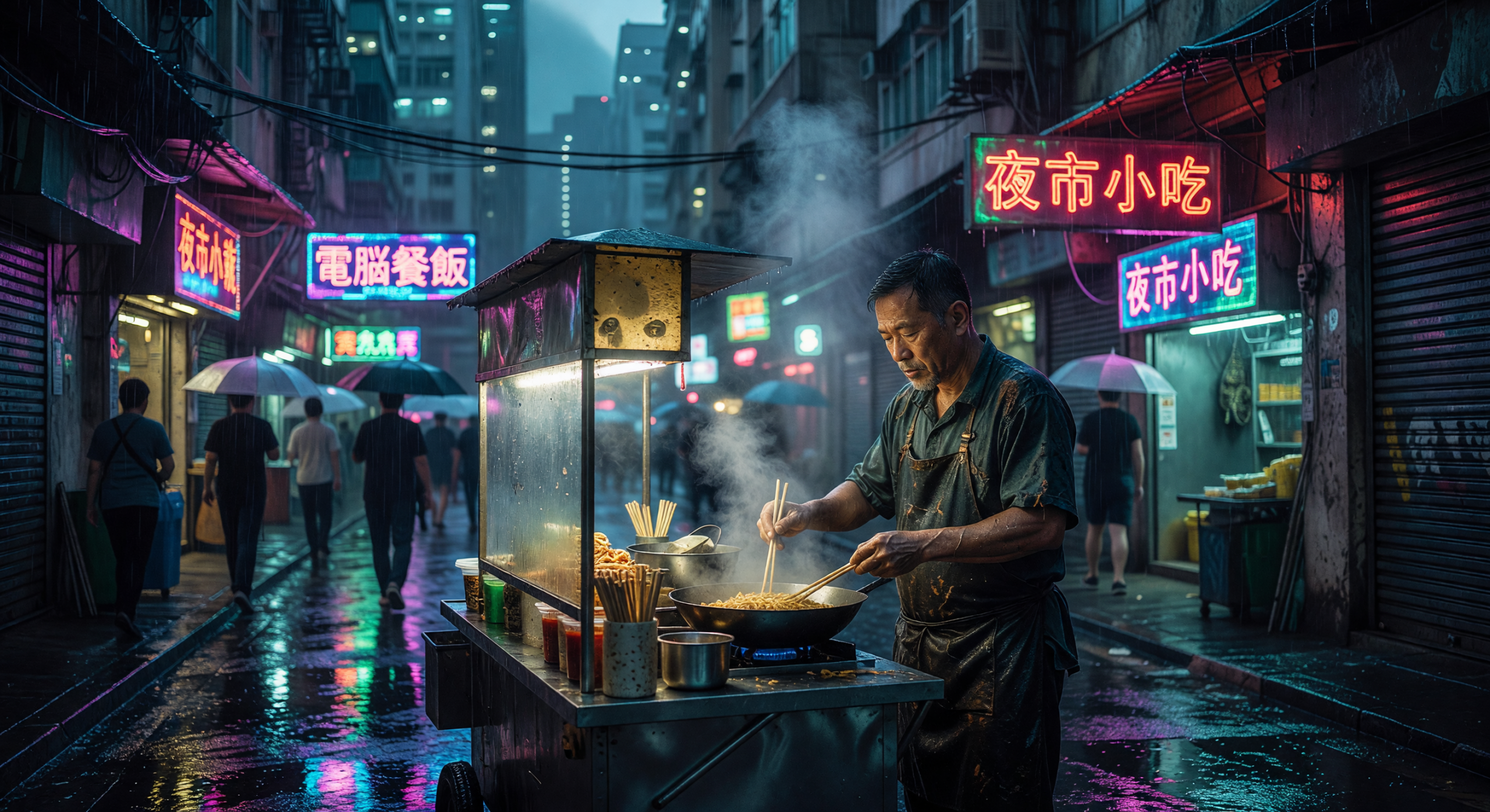 Neon-lit Night Market Vendor Cooking in Rainy Cyberpunk Alley