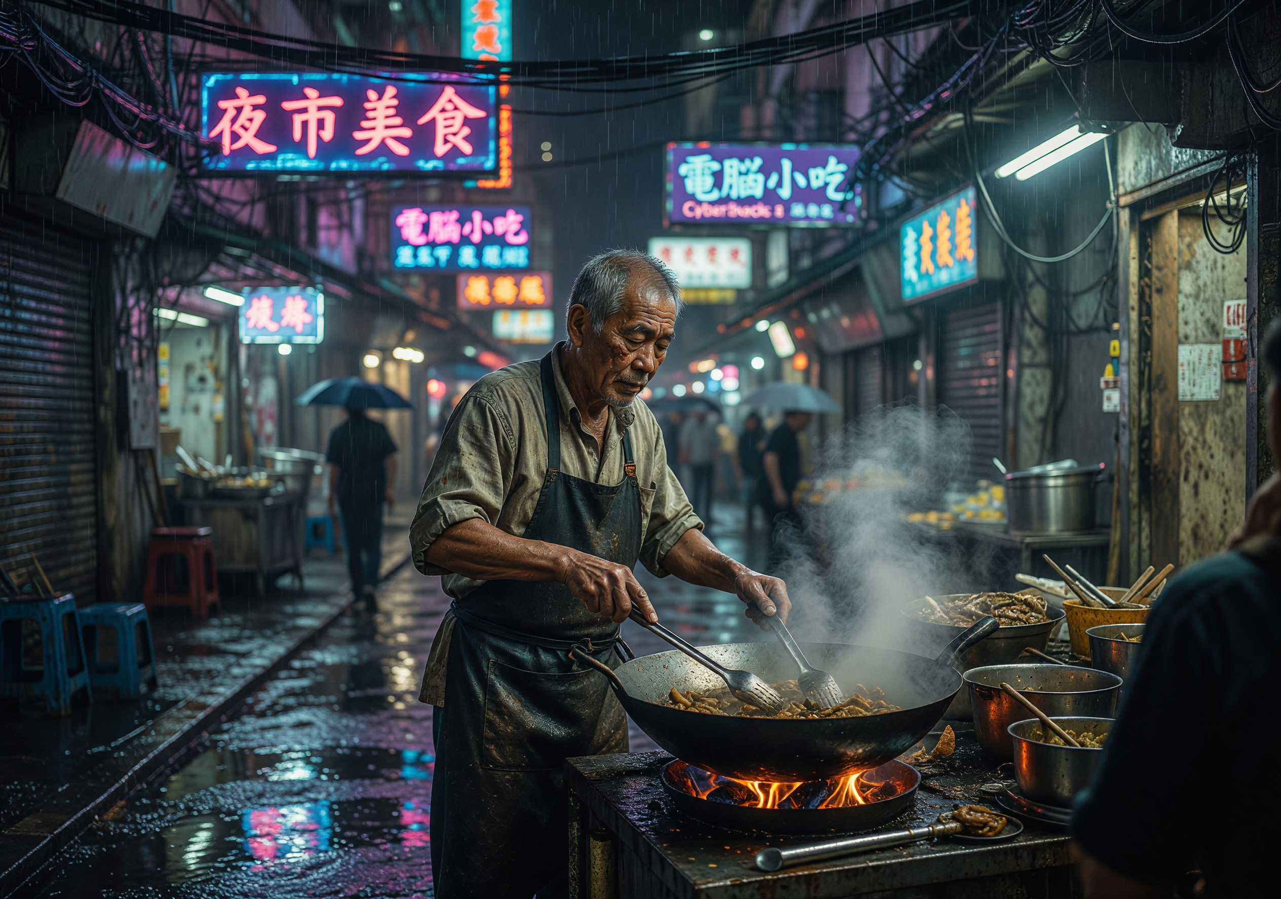 Neon-lit Night Market Vendor Cooking in Rainy Cyberpunk Alley