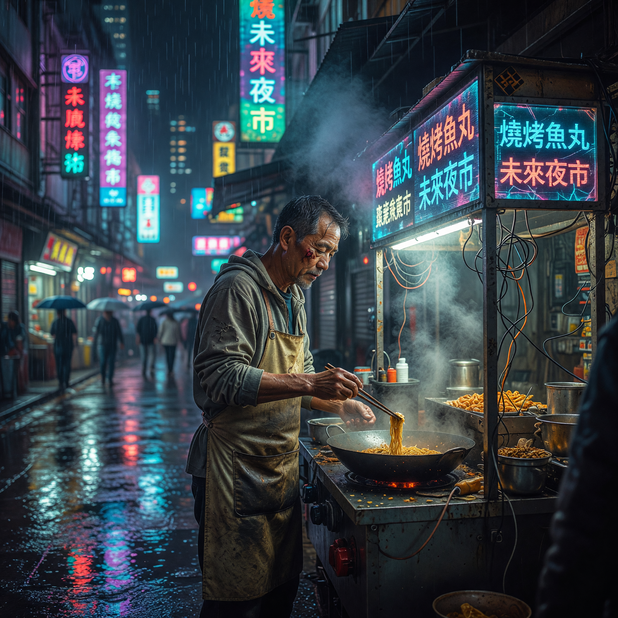 Neon-lit Night Market Vendor Cooking in Rainy Hong Kong Street