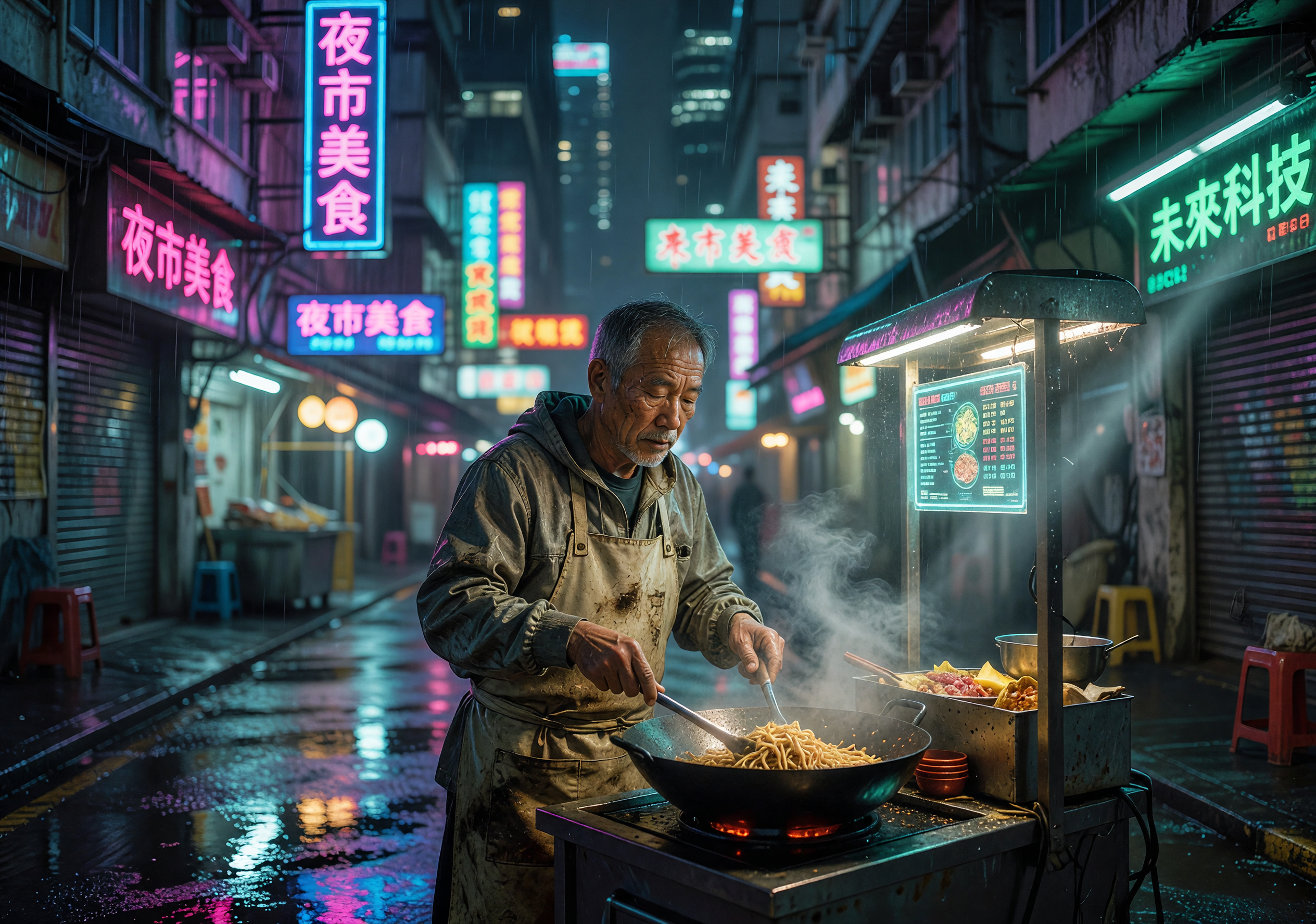 Neon-lit Night Market Vendor Cooking Noodles in Rain