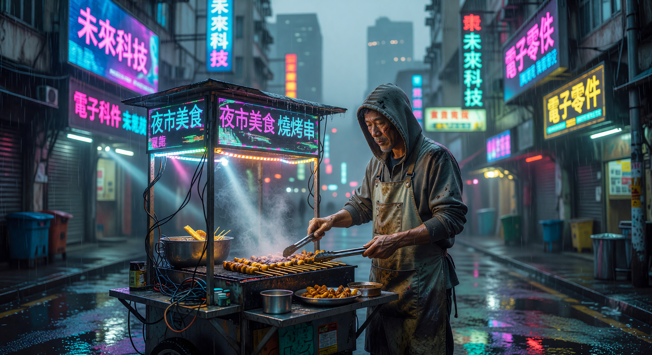 Neon-lit Night Market Vendor Grilling Skewers in Rainy City