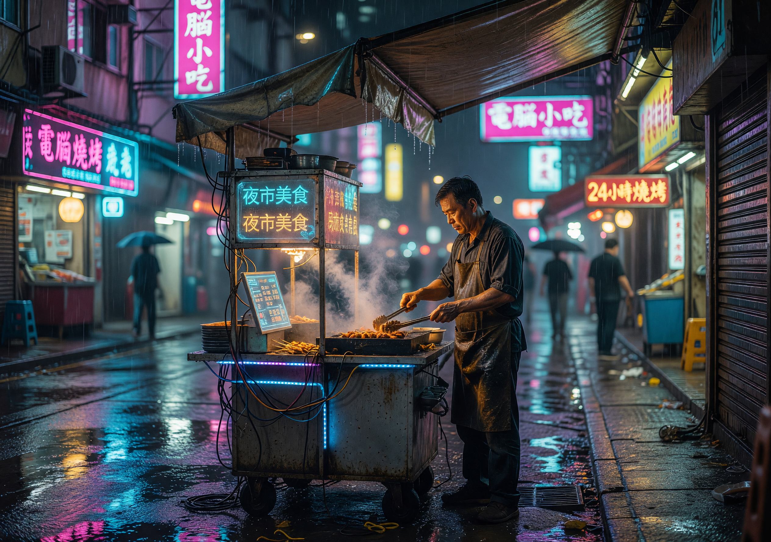 Neon-lit Night Market Vendor in Rainy Cyberpunk City
