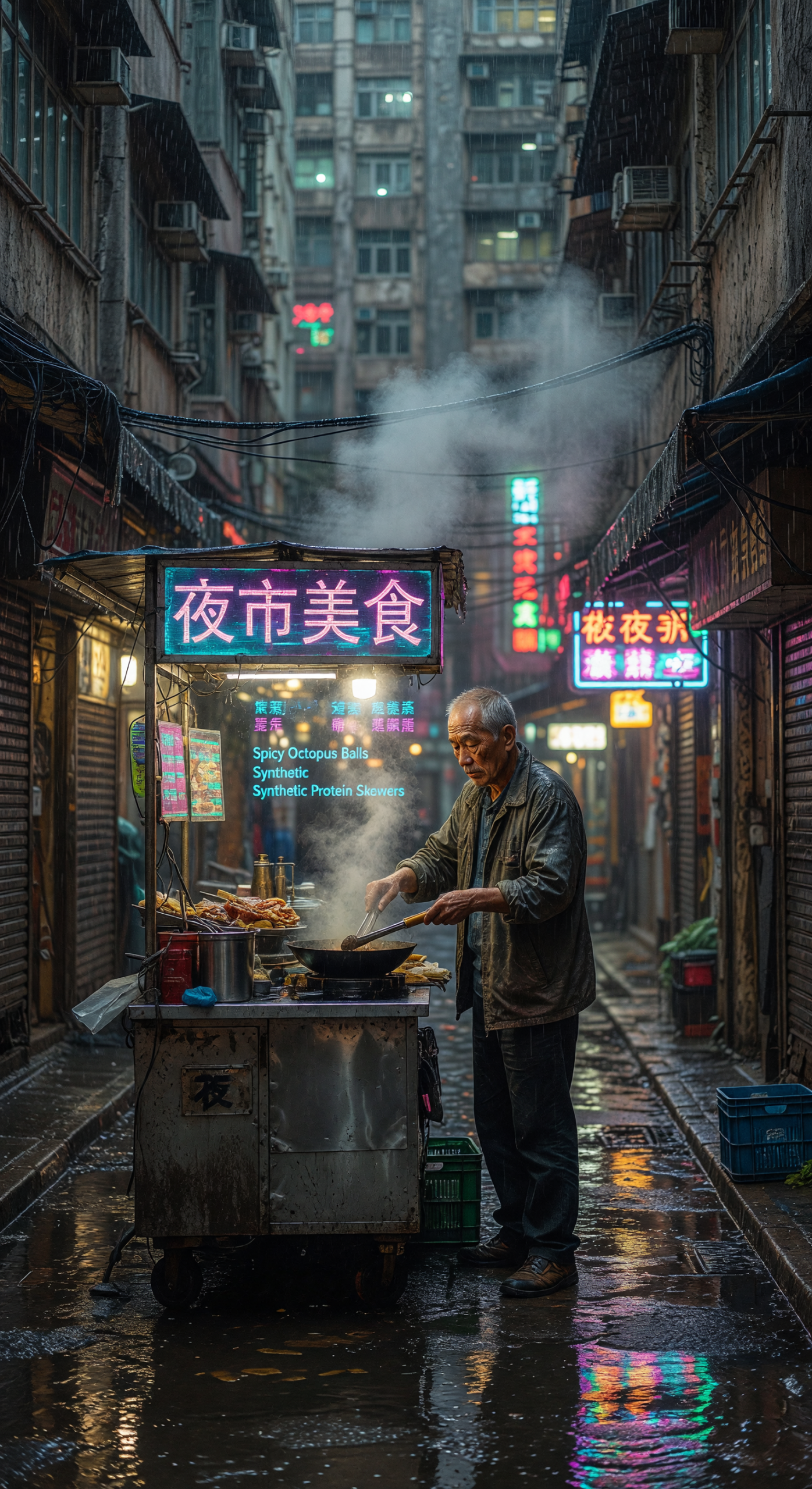 Neon-lit Night Market Vendor in Rainy Hong Kong Alley