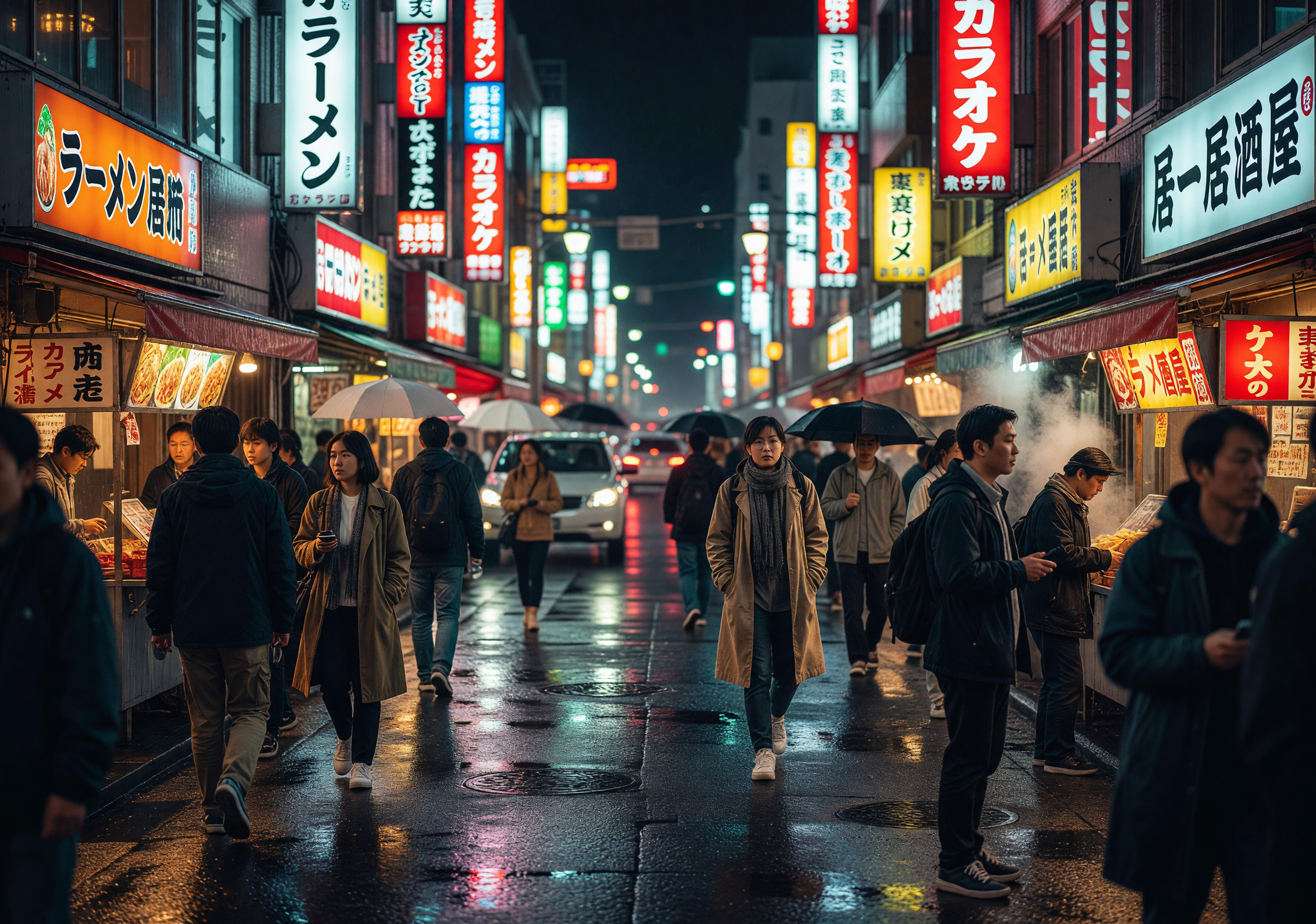 Neon-lit Night Street in Tokyo with Crowds and Reflections